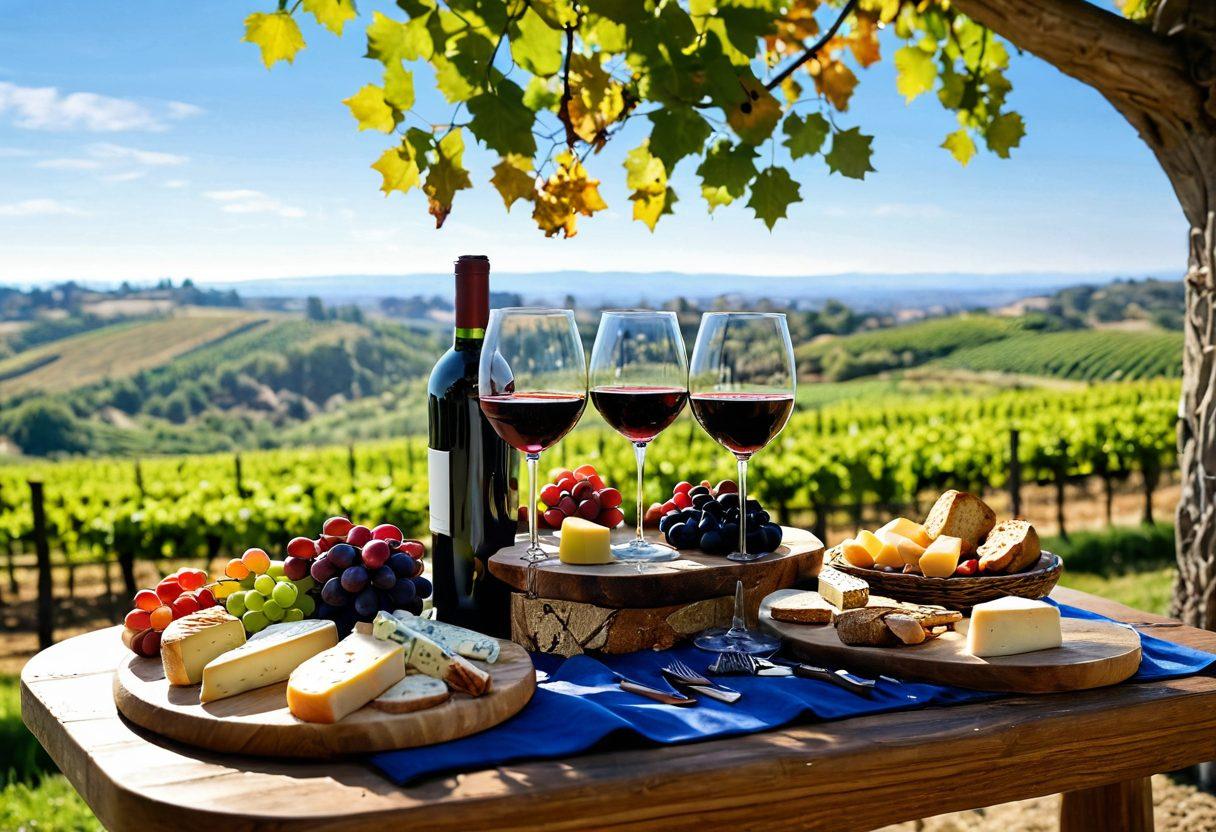 A beautifully arranged wine tasting setup featuring an assortment of elegant wine glasses, a selection of fine wines, gourmet cheese, and artisanal bread surrounded by lush grapevines under a bright blue sky. Include accessories like corkscrews and wine decanters to enhance the scene. The atmosphere should feel inviting and warm, perfect for a wine enthusiast gathering. super-realistic. vibrant colors. warm lighting.