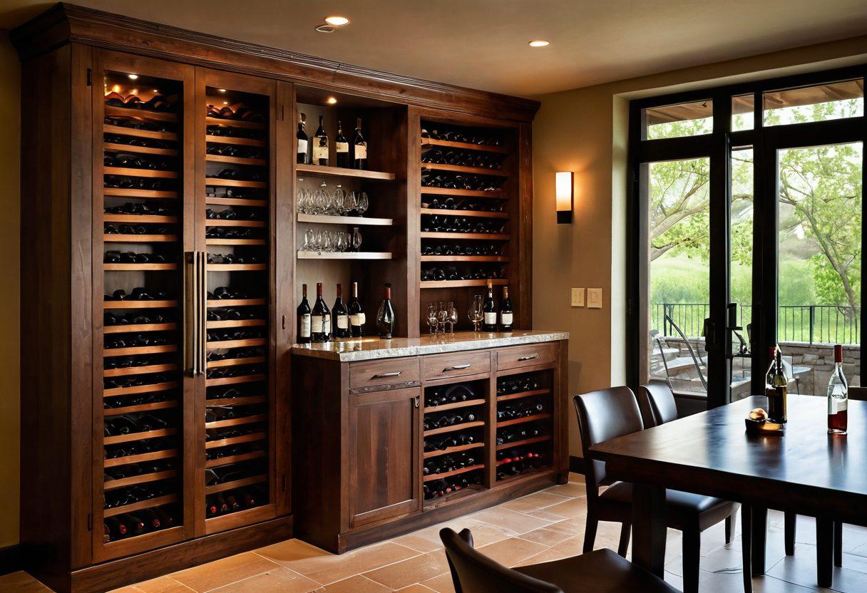 A sophisticated wine cellar showcasing a variety of wine bottles elegantly stored in wooden racks, accompanied by essential wine accessories like an ornate corkscrew, a sleek aerator, and a stylish decanter on a polished table. Soft ambient lighting casts a warm glow, highlighting the textures of the wood and glass. In the background, a vineyard can be seen through an open window, adding a touch of nature. luxurious and refined. super-realistic. warm colors.