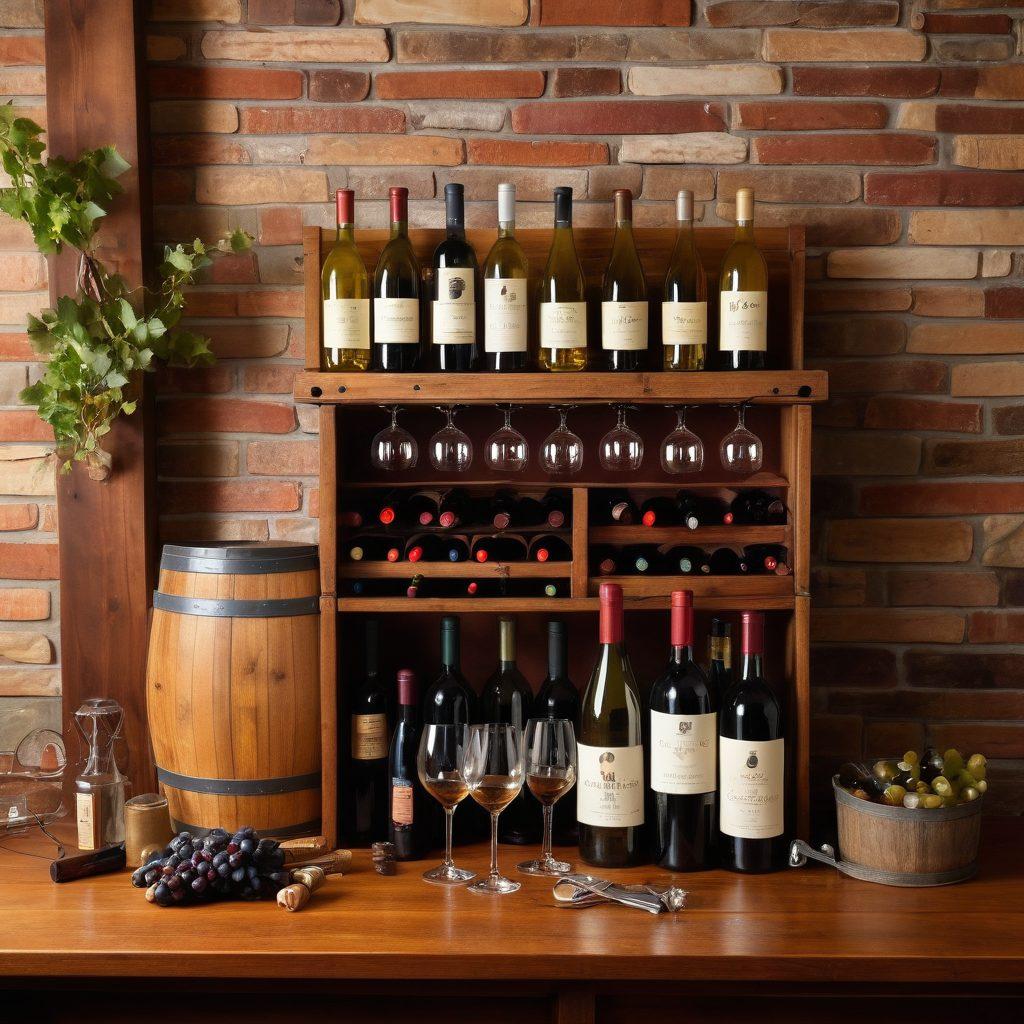 A cozy home bar scene showcasing a beautifully arranged wine enthusiast's toolkit, including elegant wine glasses, a corkscrew, and assorted wine bottles with labels. Add a backdrop of a rustic wooden wine rack filled with vintage wines and soft, warm lighting for an inviting atmosphere. Include decorative elements like a grapevine and a wine barrel to enhance the theme of wine appreciation. vibrant colors. super-realistic.